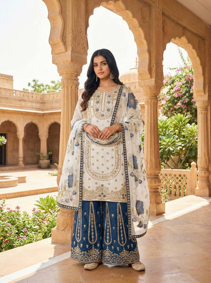 Wedding Wear Blue Color Embroidery Sequence Work Palazzo Suit