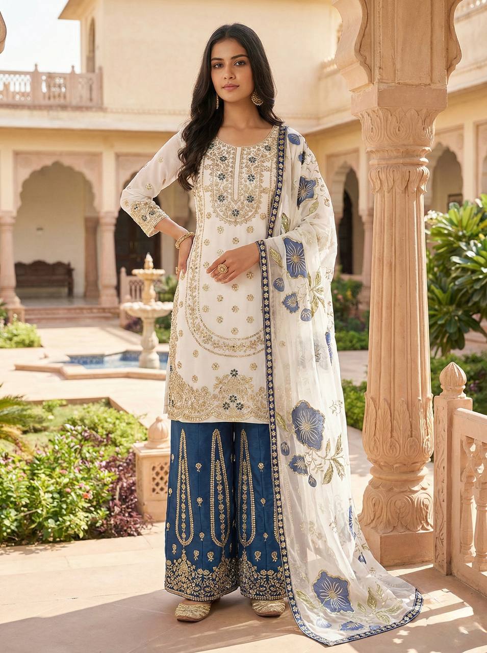 Wedding Wear Blue Color Embroidery Sequence Work Palazzo Suit