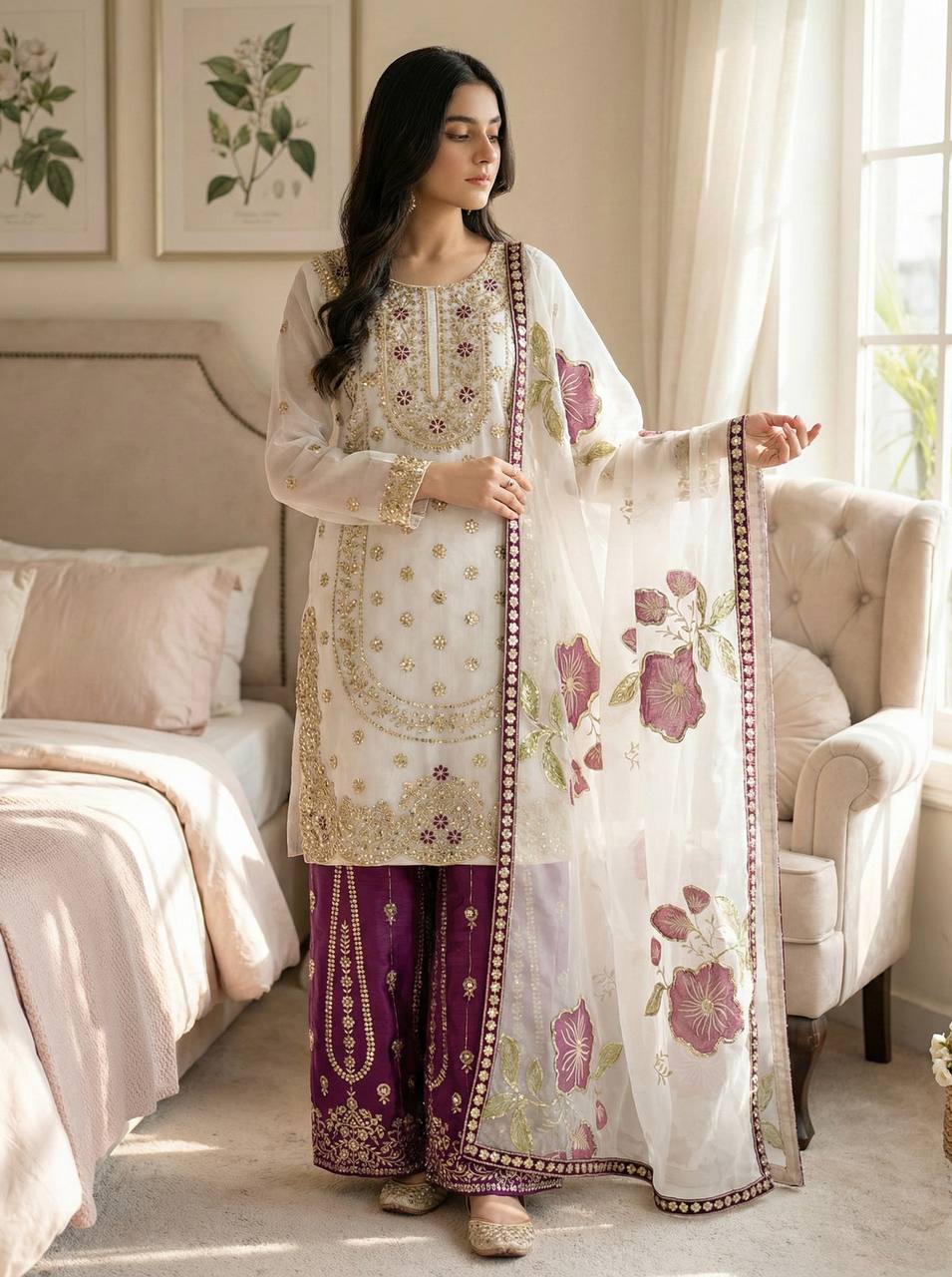 Wedding Wear Purple Color Embroidery Sequence Work Palazzo Suit
