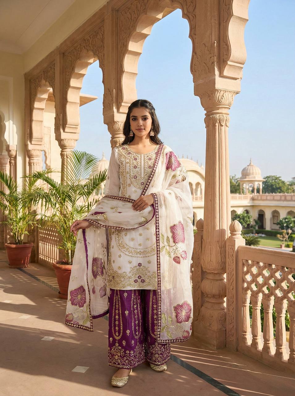 Wedding Wear Purple Color Embroidery Sequence Work Palazzo Suit