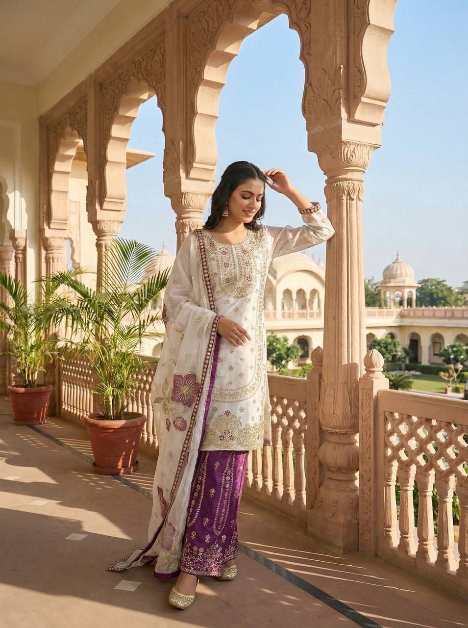 Wedding Wear Purple Color Embroidery Sequence Work Palazzo Suit