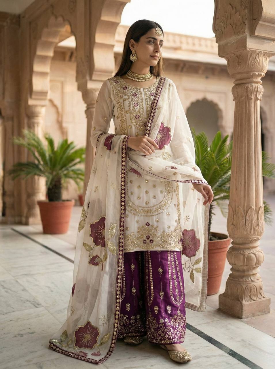 Wedding Wear Purple Color Embroidery Sequence Work Palazzo Suit