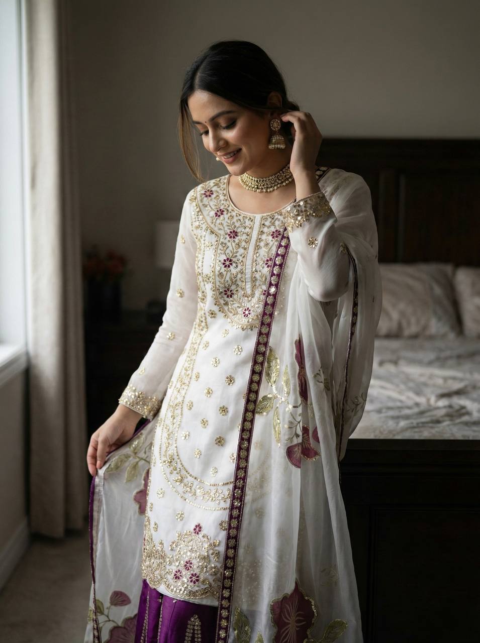 Wedding Wear Purple Color Embroidery Sequence Work Palazzo Suit