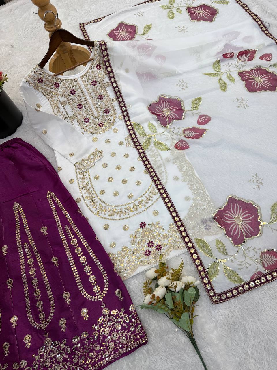 Wedding Wear Purple Color Embroidery Sequence Work Palazzo Suit
