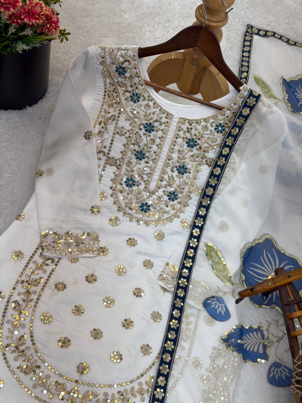Wedding Wear Blue Color Embroidery Sequence Work Palazzo Suit