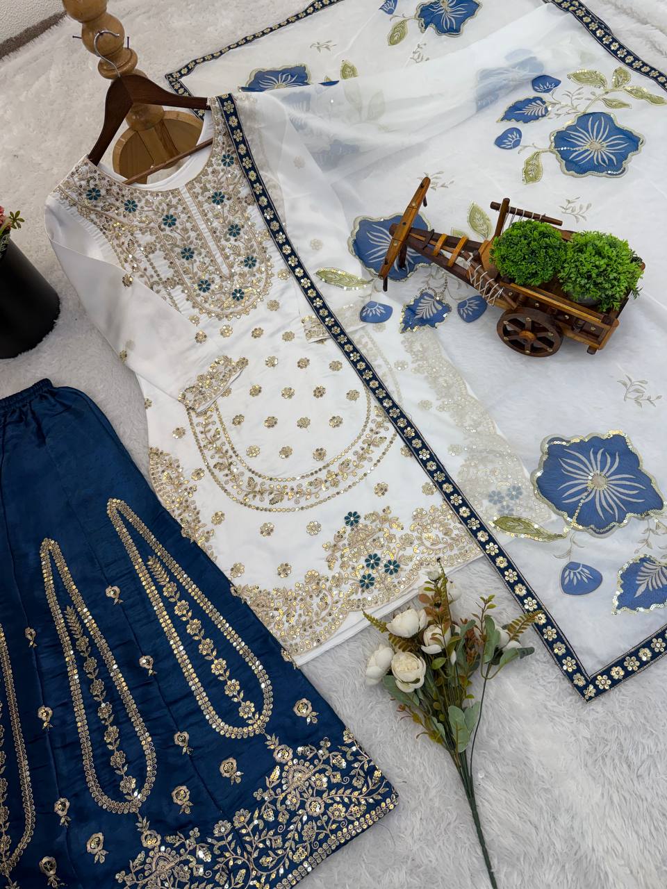 Wedding Wear Blue Color Embroidery Sequence Work Palazzo Suit