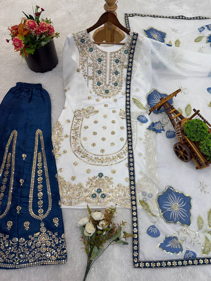 Wedding Wear Blue Color Embroidery Sequence Work Palazzo Suit