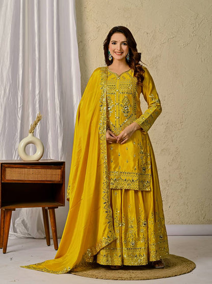 Beautiful Mustard Color Sequence Work Designer Sharara Suit