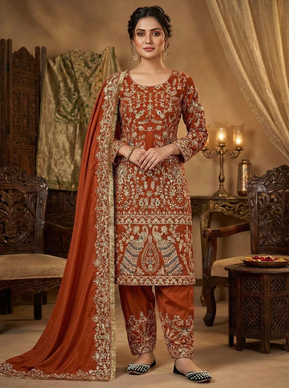 Delightful Orange Color Heavy Embroidered Sequence Work Salwar Suit