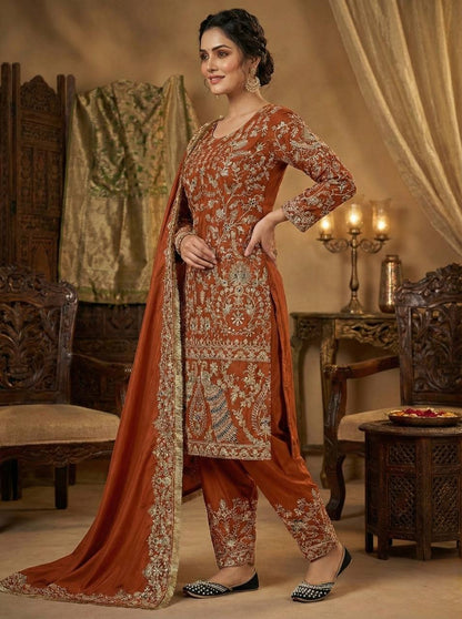 Delightful Orange Color Heavy Embroidered Sequence Work Salwar Suit