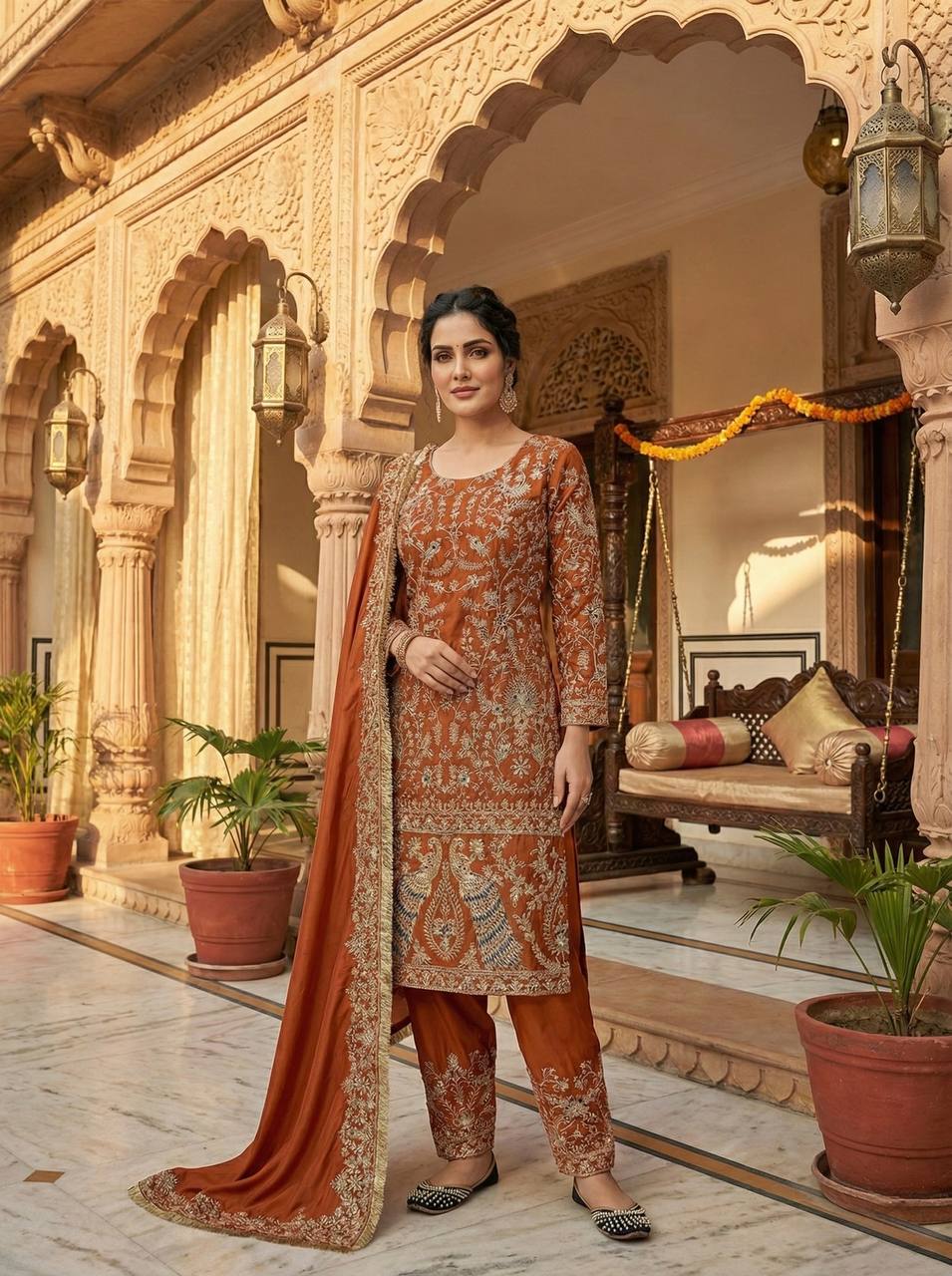 Delightful Orange Color Heavy Embroidered Sequence Work Salwar Suit