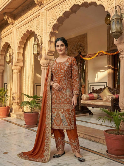 Delightful Orange Color Heavy Embroidered Sequence Work Salwar Suit