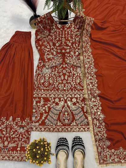 Delightful Orange Color Heavy Embroidered Sequence Work Salwar Suit