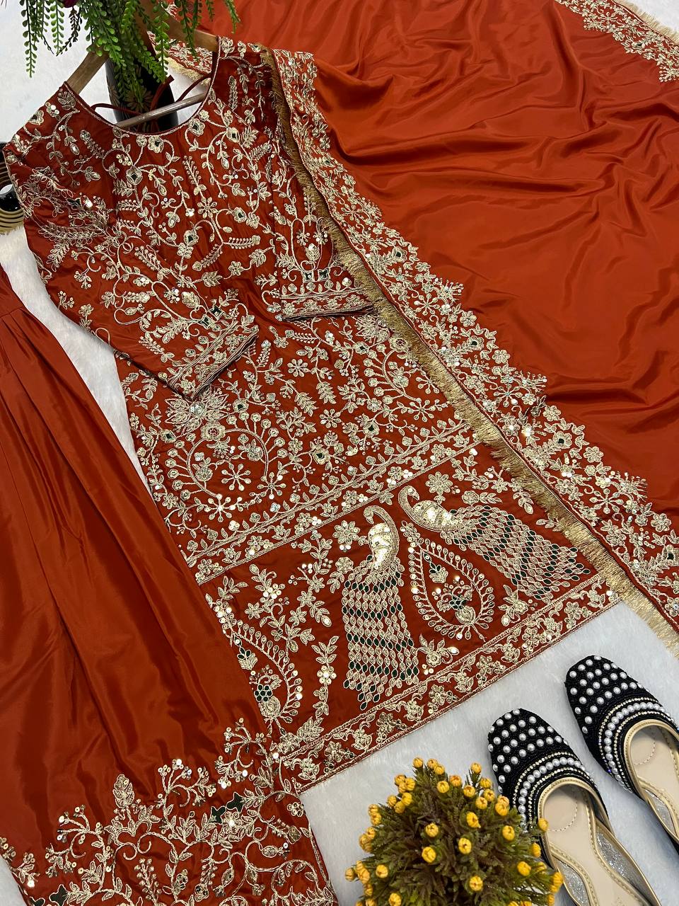 Delightful Orange Color Heavy Embroidered Sequence Work Salwar Suit