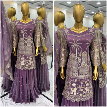 Embellished Lavender Color Twill Net With Heavy Embroidery Sequence Work Designer Palazzo Suit