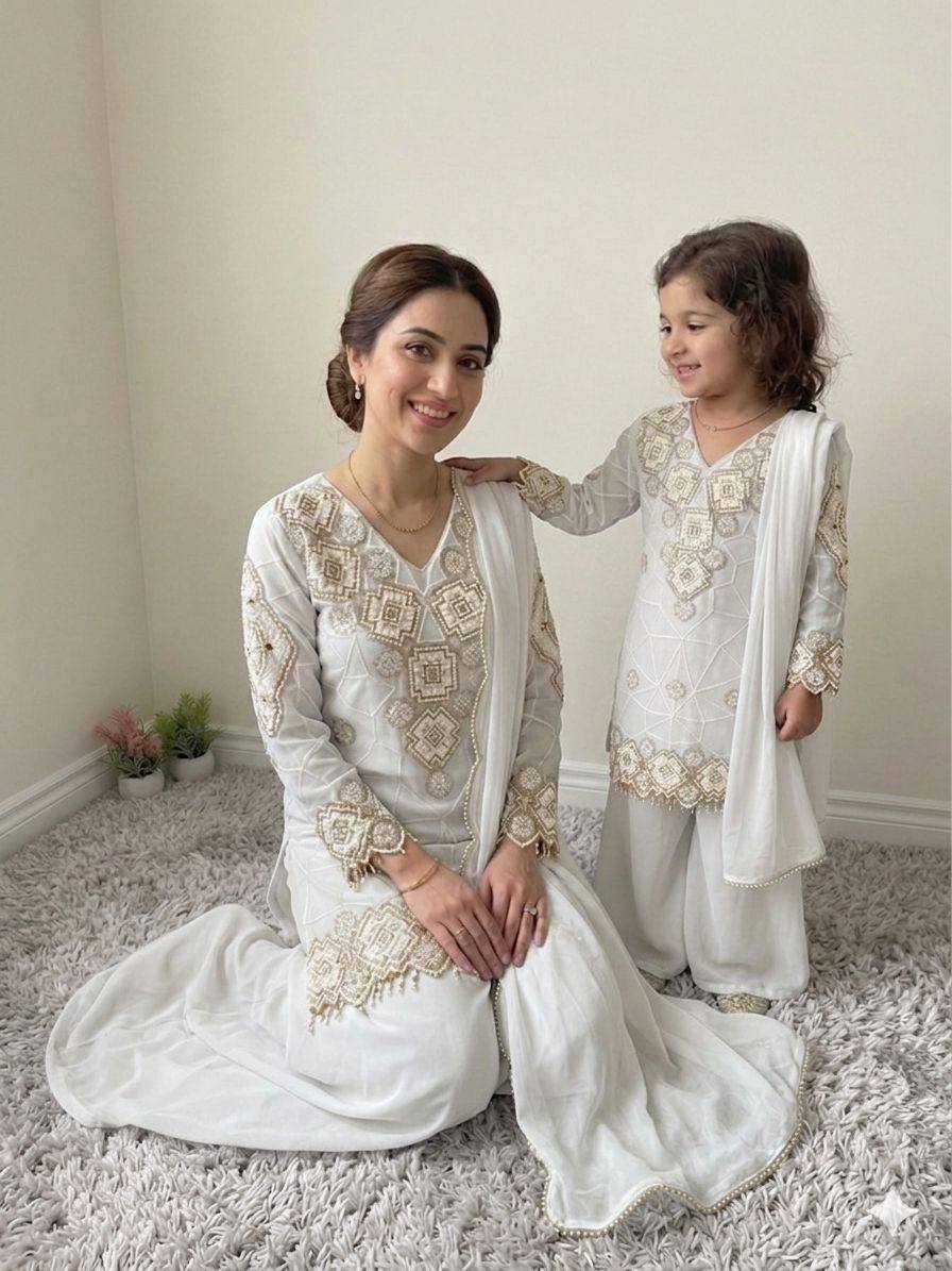 Mother And Daughter Matching Off White Color Georgette Embroidery Palazzo Set