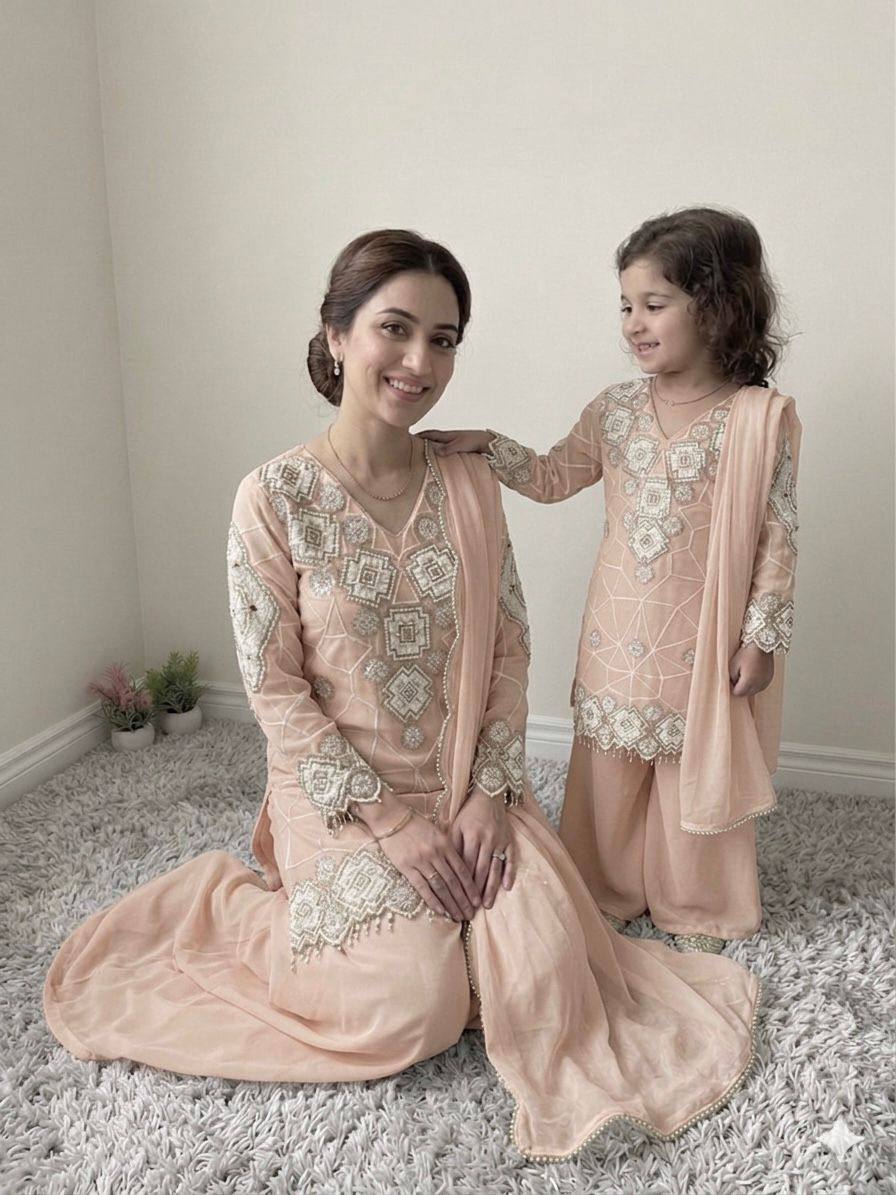 Mother And Daughter Matching Peach Color Georgette Embroidery Palazzo Set