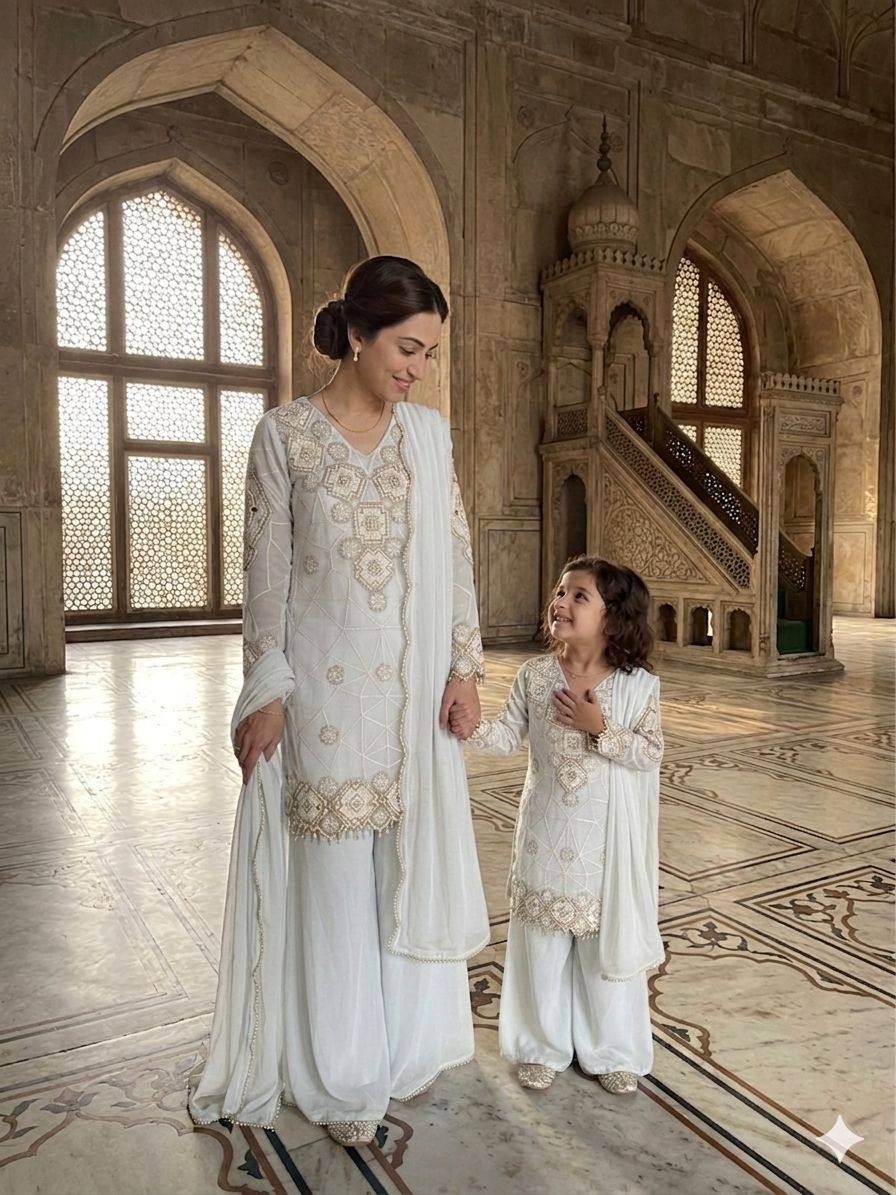 Mother And Daughter Matching Off White Color Georgette Embroidery Palazzo Set