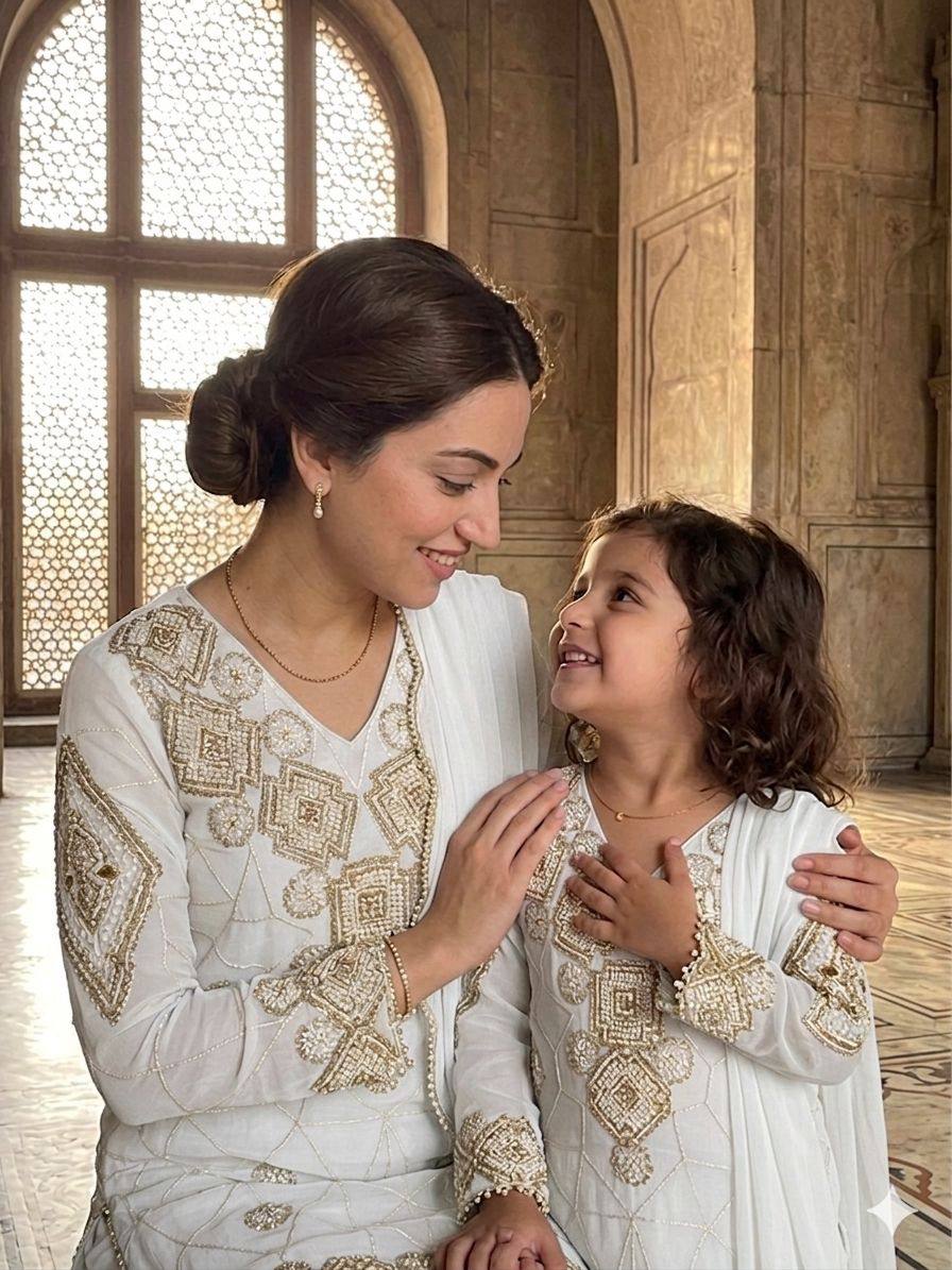 Mother And Daughter Matching Off White Color Georgette Embroidery Palazzo Set