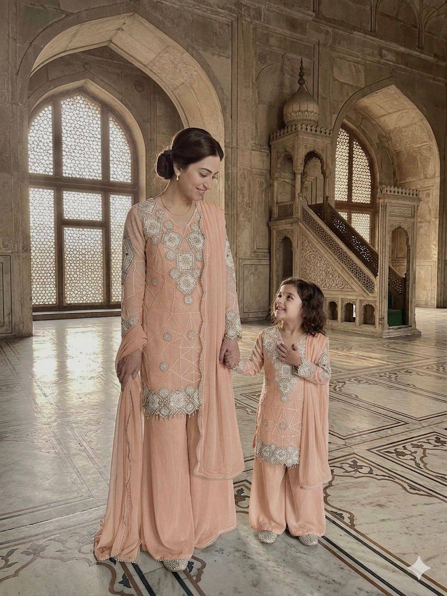 Mother And Daughter Matching Peach Color Georgette Embroidery Palazzo Set