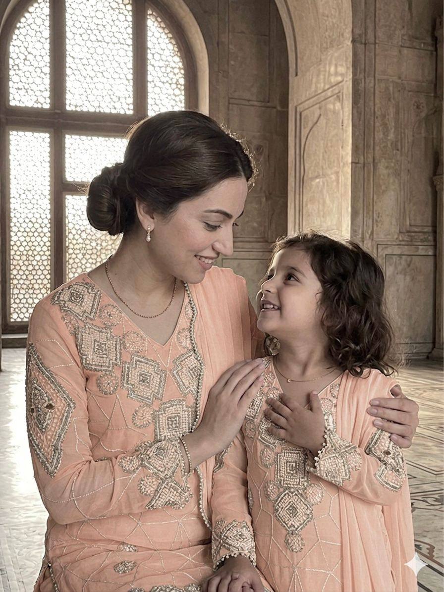 Mother And Daughter Matching Peach Color Georgette Embroidery Palazzo Set