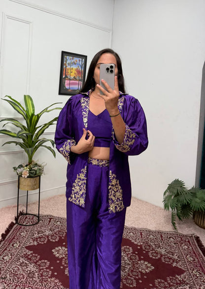 Celebrity Style Royal Blue Color Chinon With Embroidery Work Indo-Western Koti With Palazzo Set