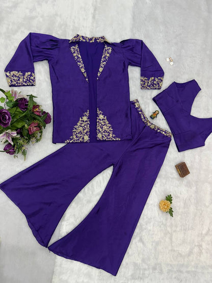 Celebrity Style Royal Blue Color Chinon With Embroidery Work Indo-Western Koti With Palazzo Set