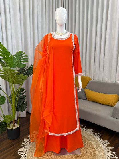 Classic Orange Color Natural Crepe Beads Work Palazzo Suit