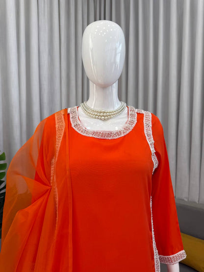 Classic Orange Color Natural Crepe Beads Work Palazzo Suit