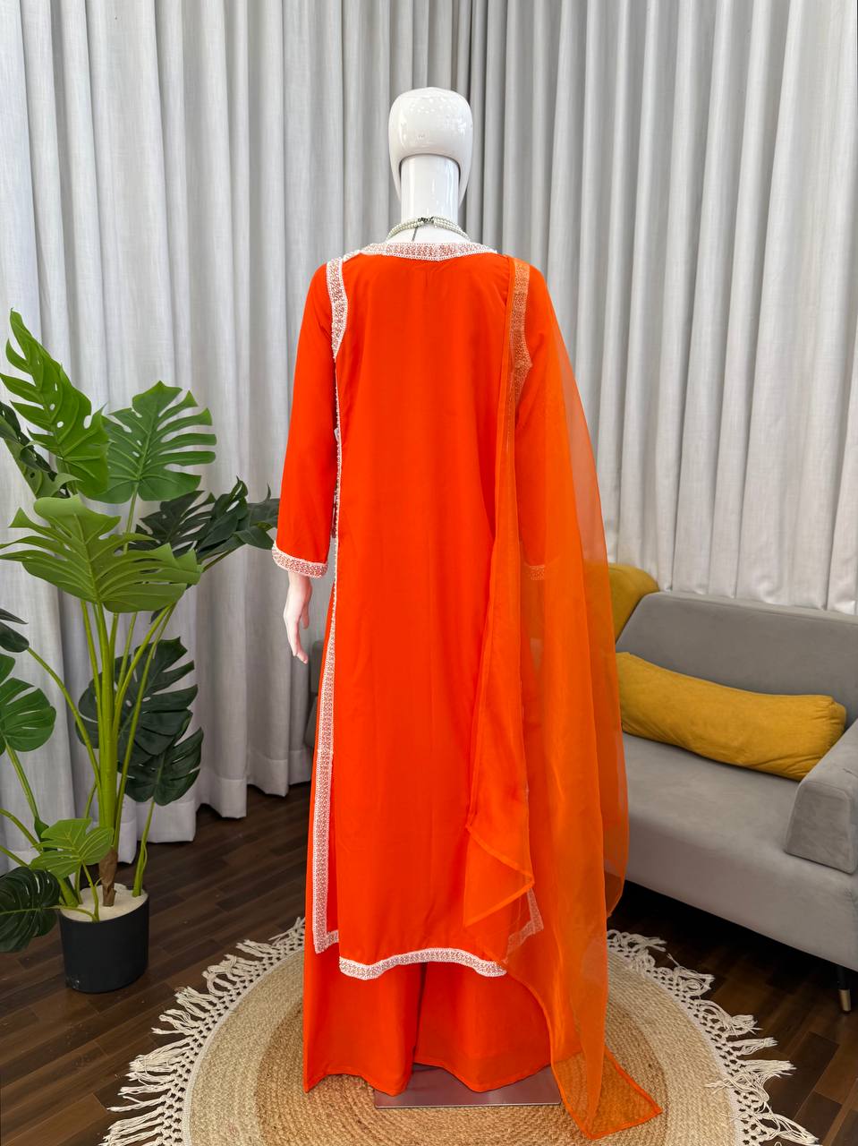 Classic Orange Color Natural Crepe Beads Work Palazzo Suit