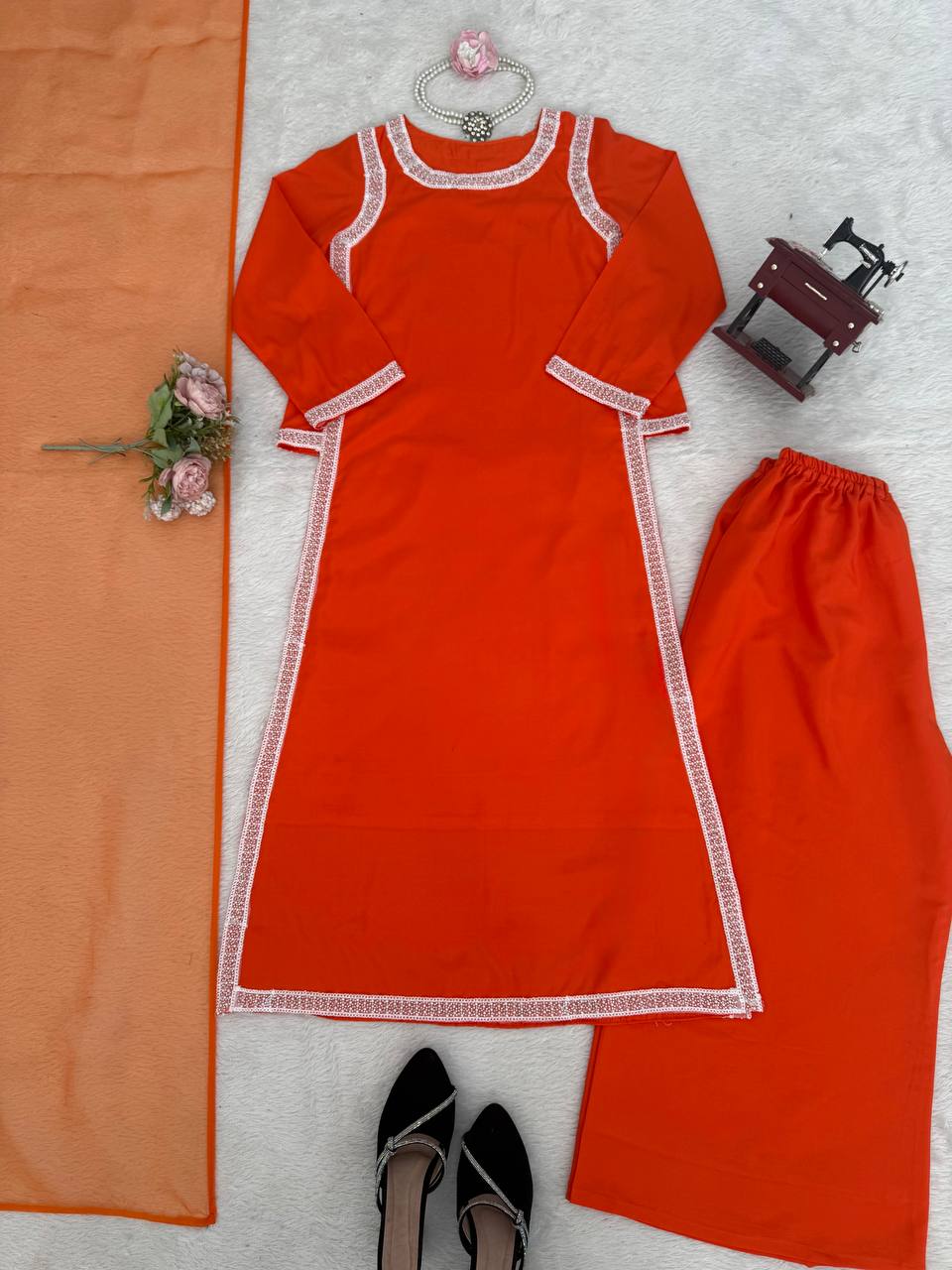 Classic Orange Color Natural Crepe Beads Work Palazzo Suit