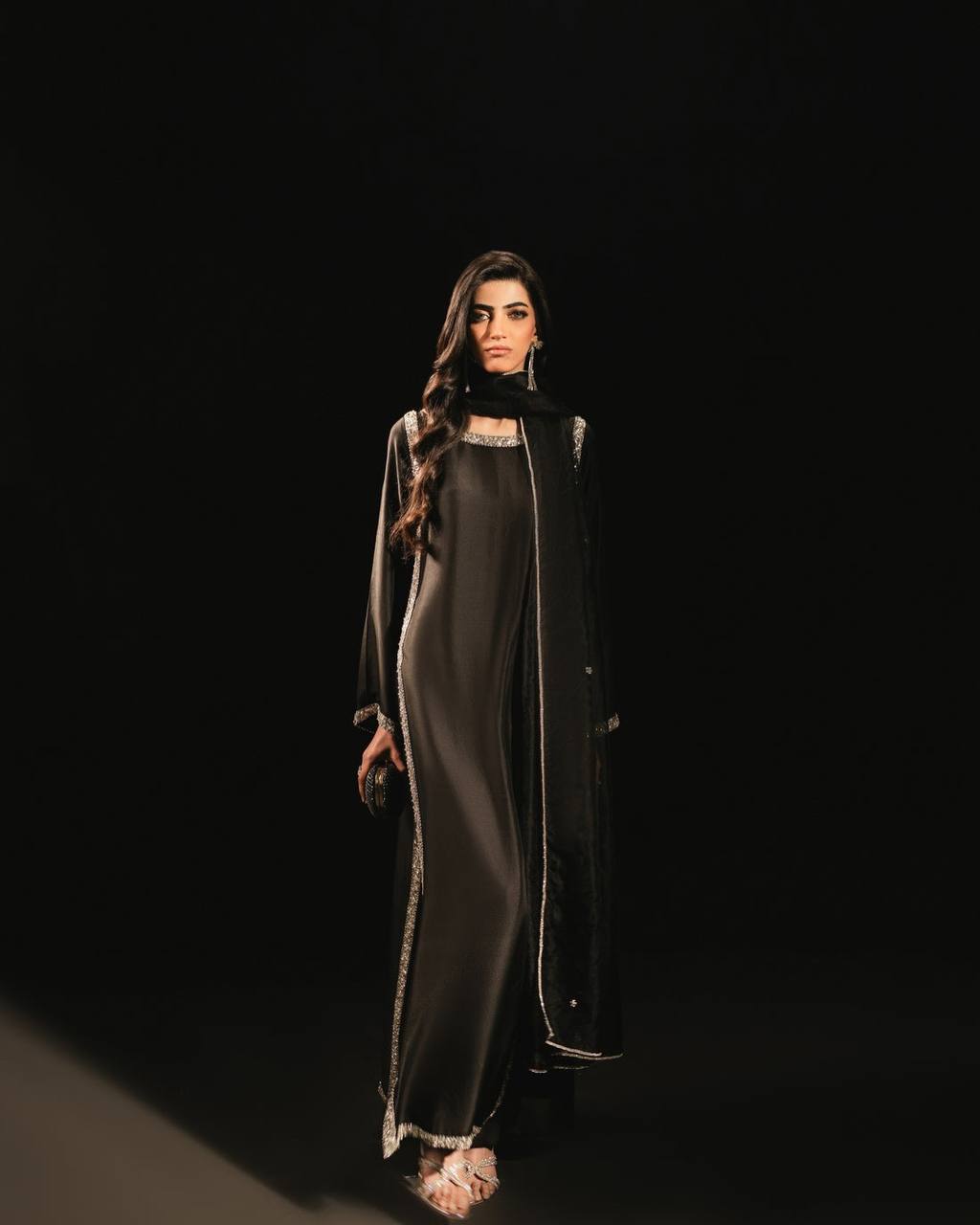 Stylish Black Color Natural Crepe Beads Work Palazzo Suit With Dupatta