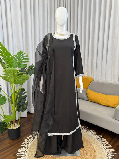 Stylish Black Color Natural Crepe Beads Work Palazzo Suit With Dupatta