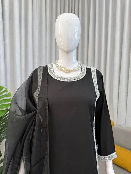 Stylish Black Color Natural Crepe Beads Work Palazzo Suit With Dupatta