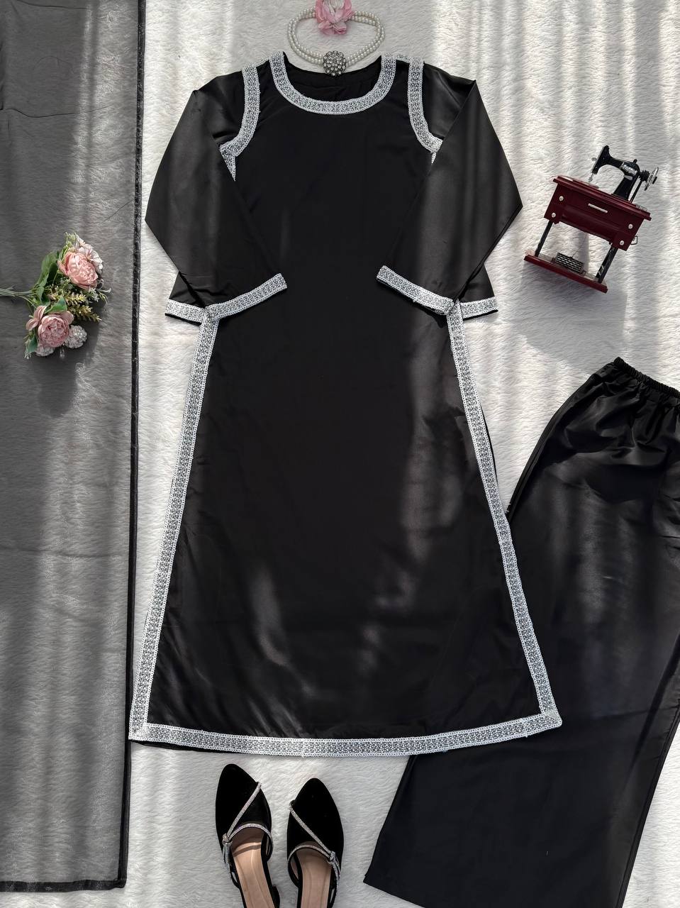 Stylish Black Color Natural Crepe Beads Work Palazzo Suit With Dupatta