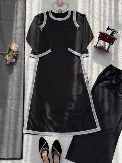 Stylish Black Color Natural Crepe Beads Work Palazzo Suit With Dupatta