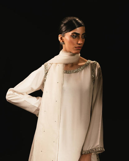 Glimmering White Color Natural Crepe Beads Work Palazzo Suit