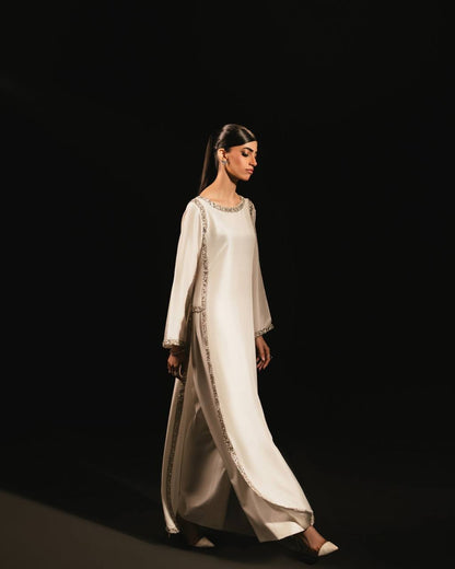Glimmering White Color Natural Crepe Beads Work Palazzo Suit