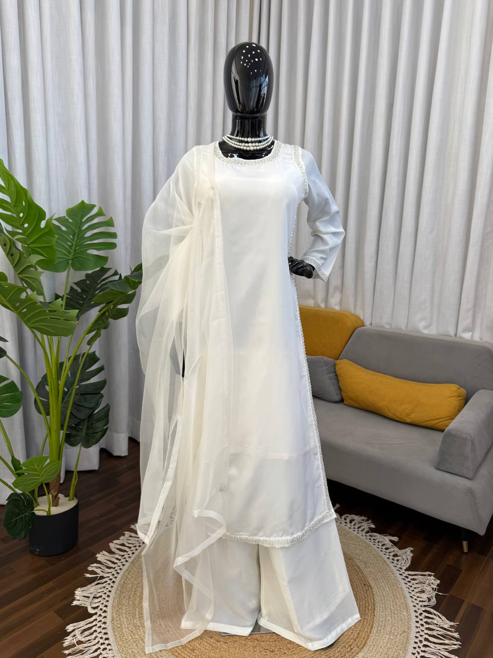 Glimmering White Color Natural Crepe Beads Work Palazzo Suit