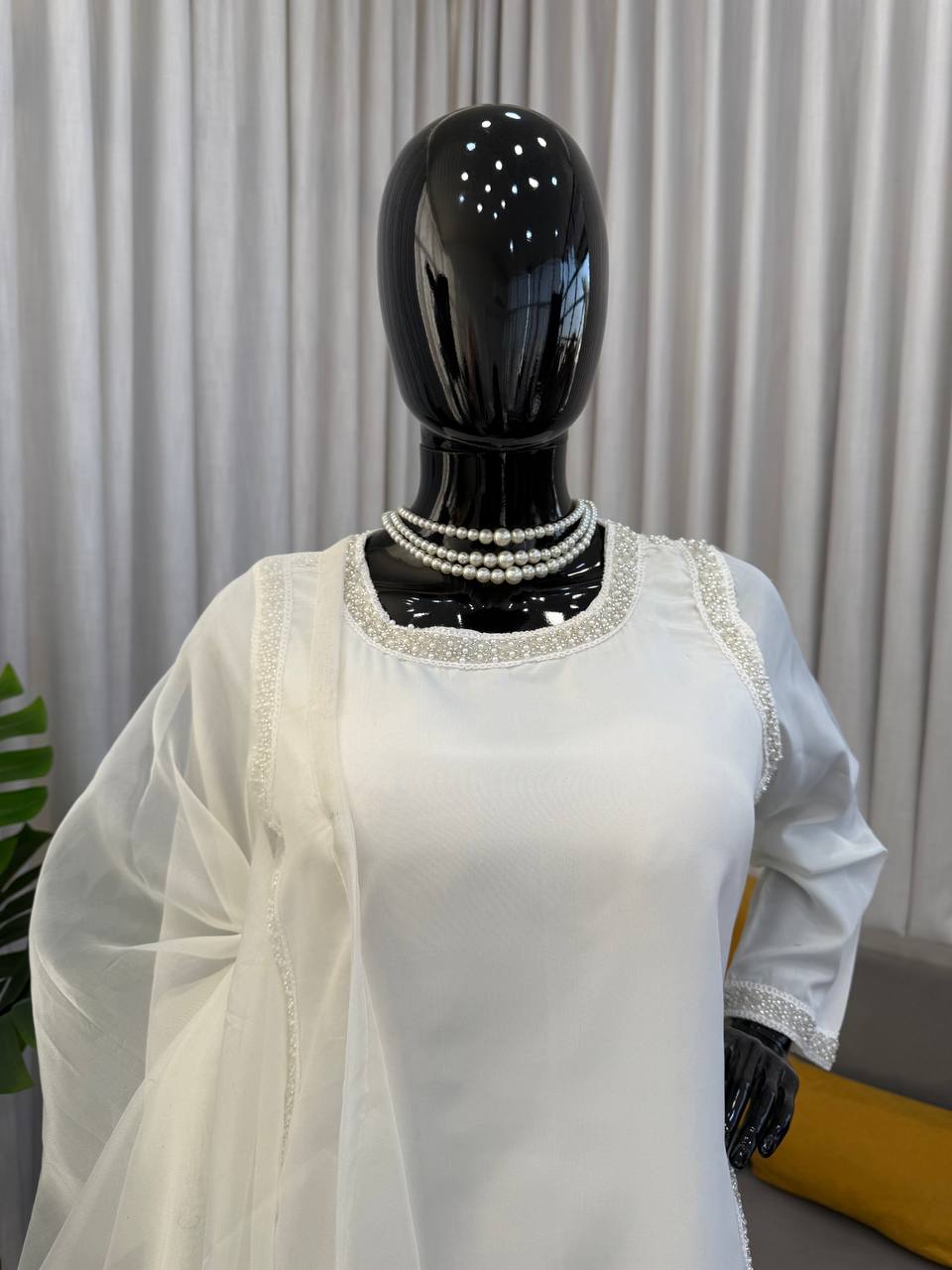 Glimmering White Color Natural Crepe Beads Work Palazzo Suit