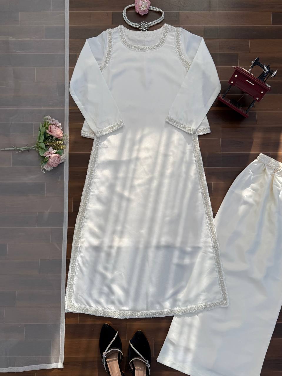 Glimmering White Color Natural Crepe Beads Work Palazzo Suit