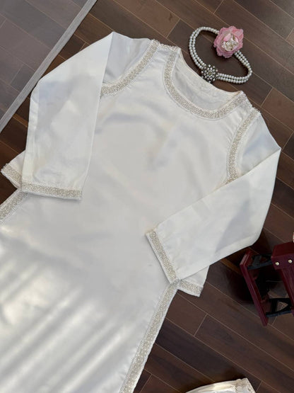 Glimmering White Color Natural Crepe Beads Work Palazzo Suit