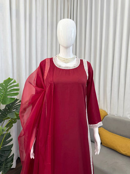 Preferable Maroon Color Natural Crepe Beads Work Palazzo Suit