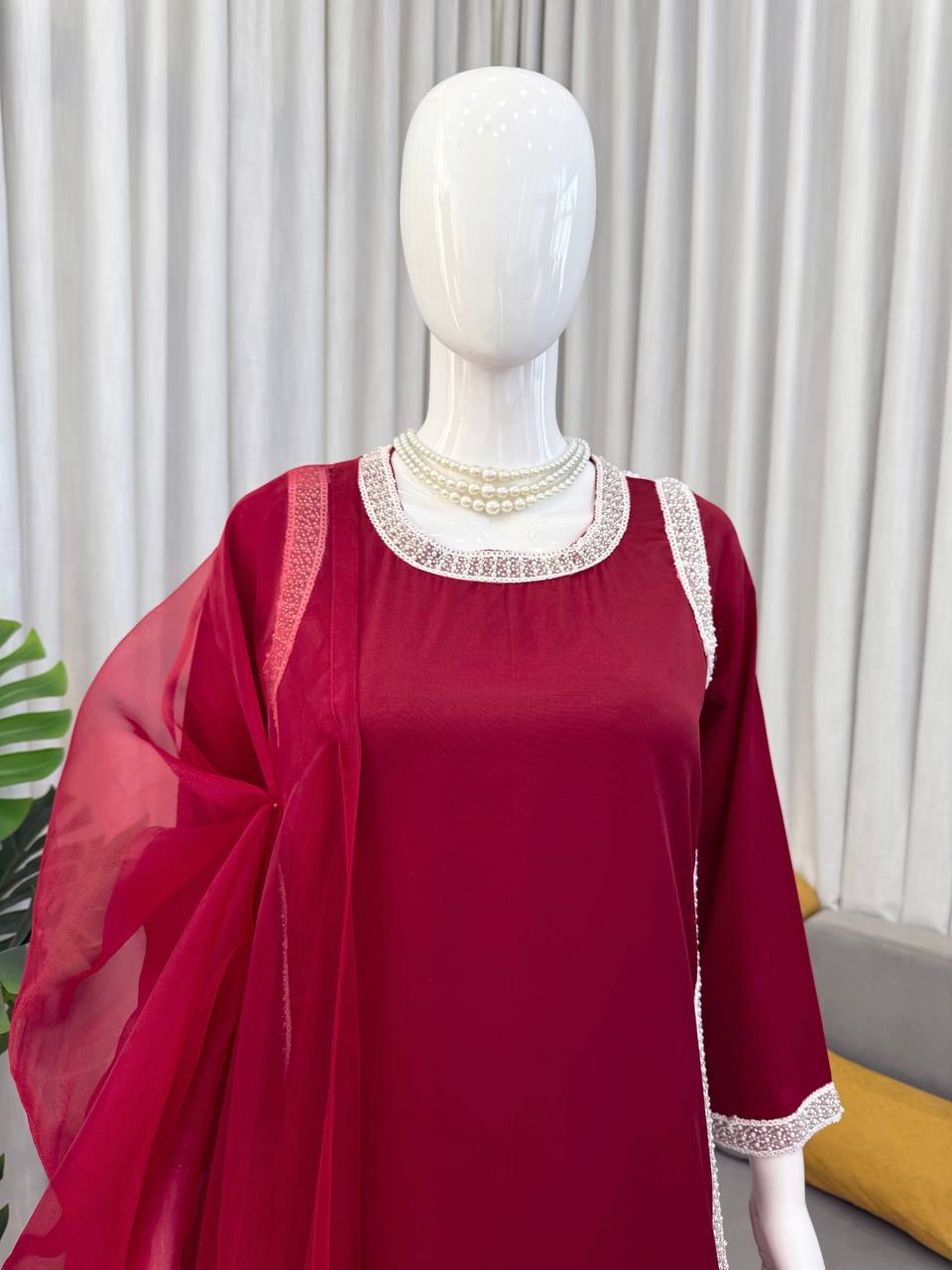Preferable Maroon Color Natural Crepe Beads Work Palazzo Suit