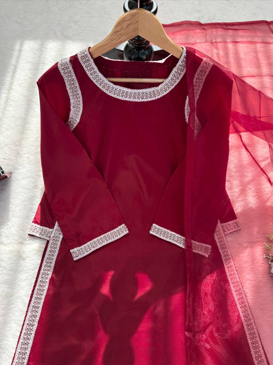 Preferable Maroon Color Natural Crepe Beads Work Palazzo Suit