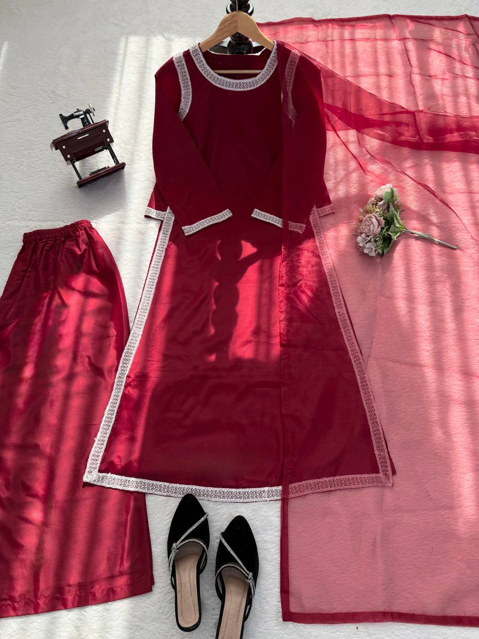 Preferable Maroon Color Natural Crepe Beads Work Palazzo Suit