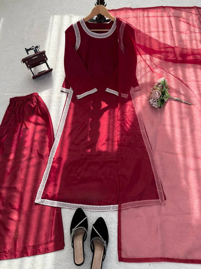 Preferable Maroon Color Natural Crepe Beads Work Palazzo Suit