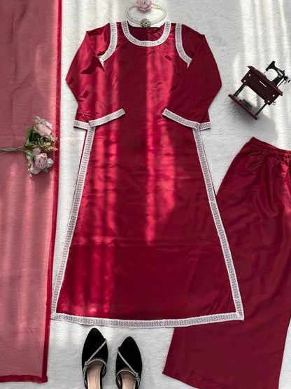 Preferable Maroon Color Natural Crepe Beads Work Palazzo Suit