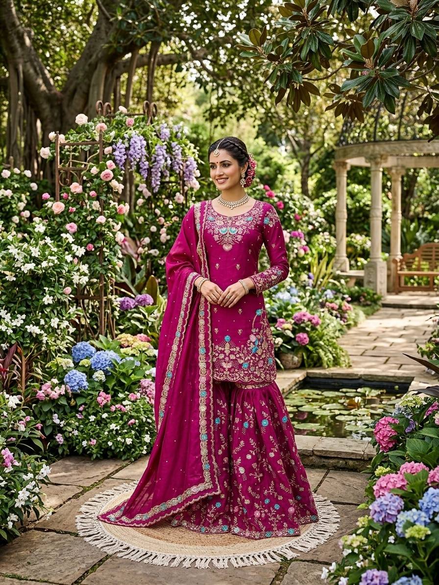 Dazzling Pink Color Sequence Moti Work Sharara Suit