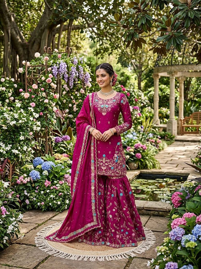 Dazzling Pink Color Sequence Moti Work Sharara Suit